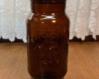 Vintage Amber glass jar w/ lid $25