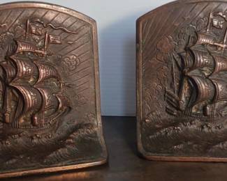 Pair of antique bronze met “Spanish Galleon at Sea” bookends $60