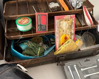 vintage fishing gear, lures, reels, tackle boxes