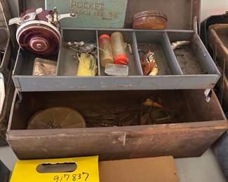 vintage fishing gear, lures, reels, tackle boxes
