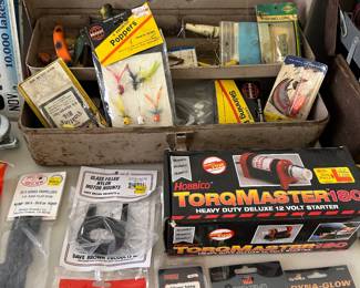 vintage fishing gear, lures, reels, tackle boxes
