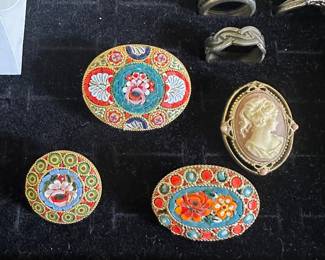 Italian micro mosaic brooches, cameo, sterling rings
