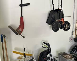 weed whip, seed spreader