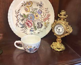 May flower Metlox Poppytrail Vernon, Antique gold mantle clock