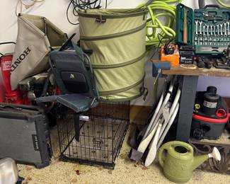 tools, pet cage, hoses 