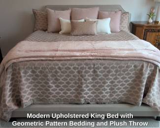 Modern Upholstered King Bed with Geometric Pattern Bedding and Plush Throw