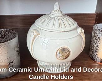 Cream Ceramic Urn with Lid and Decorative Candle Holders