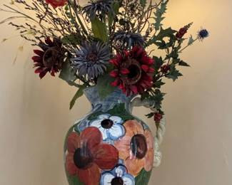 Susan Sargent Signed Orange Purple Floral Pottery Vase