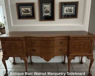 Antique Burr Walnut Marquetry Sideboard with Claw Feet