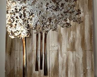 Rustic Metal Tree Wall Art with Whitewashed Wood Plank Background