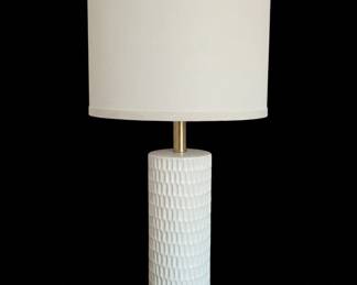 White Ceramic Cylinder Table Lamp with Brass Accents