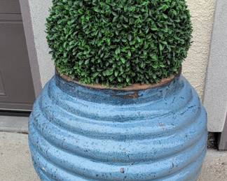 Large Blue Ribbed Ceramic Planter with Faux Boxwood Topiary