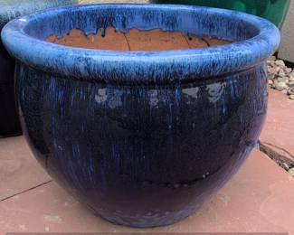 Large Cobalt Blue Glazed Ceramic Planter Pot with Drip Glaze