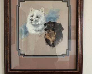 Framed Pastel Portrait of Two Dogs