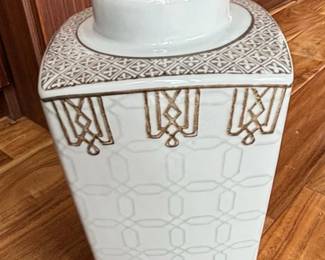White Ceramic Ginger Jar with Geometric Pattern and Tapered Body