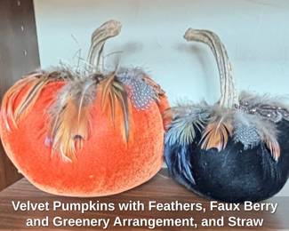 Velvet Pumpkins with Feathers, Faux Berry and Greenery Arrangement, and Straw Turkey second image