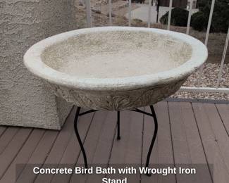 Concrete Bird Bath with Wrought Iron Stand