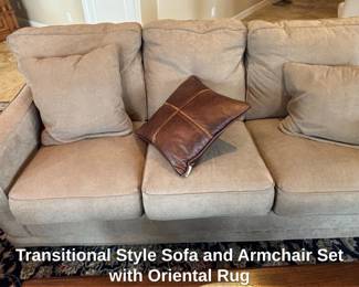 Transitional Style Sofa and Armchair Set with Oriental Rug third image