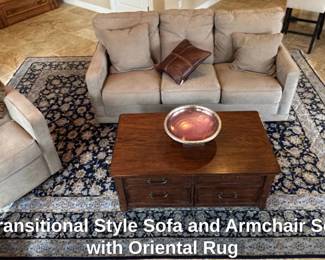 Transitional Style Sofa and Armchair Set with Oriental Rug