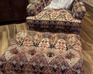 Vintage Kilim Upholstered Armchair and Ottoman Set