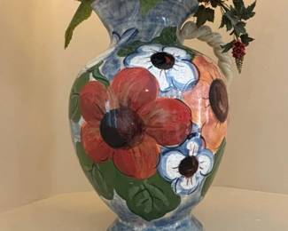 Susan Sargent Signed Orange Purple Floral Pottery Vase second image