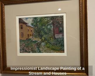 Impressionist Landscape Painting of a Stream and Houses