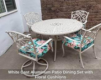 White Cast Aluminum Patio Dining Set with Floral Cushions