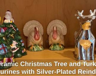 Ceramic Christmas Tree and Turkey Figurines with SilverPlated Reindeer