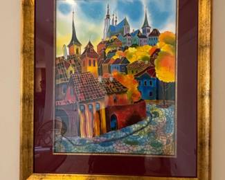 Framed Watercolor Painting of a European Village Scene by Anatole Krasnyansky