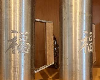 Pair of Chinese Fu Character Pewter Mugs