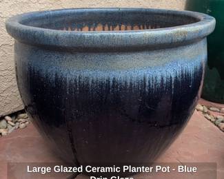 Large Glazed Ceramic Planter Pot  Blue Drip Glaze