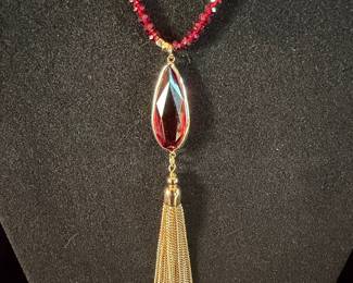 Costume Necklace with Red Faceted Beads and Gold-Tone Tassel Pendant