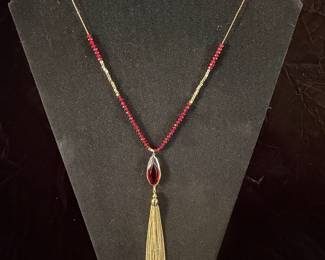 Costume Necklace with Red Faceted Beads and Gold-Tone Tassel Pendant