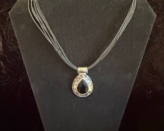 Sterling Silver Hammered Teardrop Black Onyx Pendant Necklace