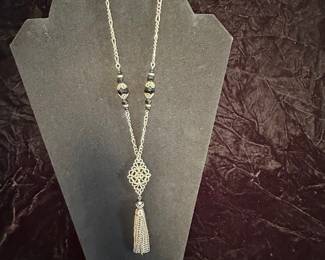 Figaro Chain Tassel Necklace with Filigree Diamond Pendant