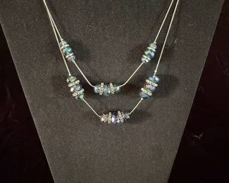 Double Strand Blue Iridescent Crystal Necklace with Silver-Tone Chain