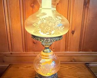 Vintage Amber Glass Floral Etched Hurricane Lamp