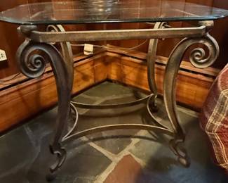 Ornate Scroll Metal and Glass End Table