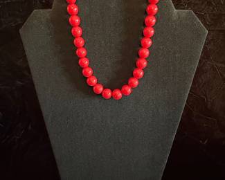Vintage Red Coral Bead Necklace with Rhinestone Clasp