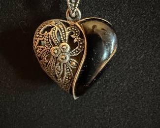 Sterling Silver Onyx and Marcasite Heart Locket Necklace