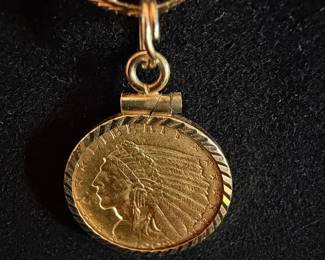 1908 $2.50 Indian Head Gold Coin Pendant Necklace