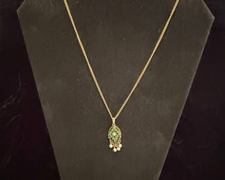 Vintage Art Nouveau Style Pendant Necklace with Faux Pearls and Green Stones
