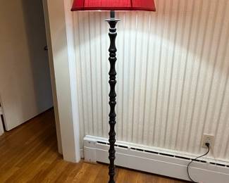 Black Spool Turned Floor Lamp with Red Drum Shade