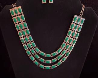 Vintage Green Stone Layered Necklace and Earring Set