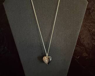 Sterling Silver Onyx and Marcasite Heart Locket Necklace