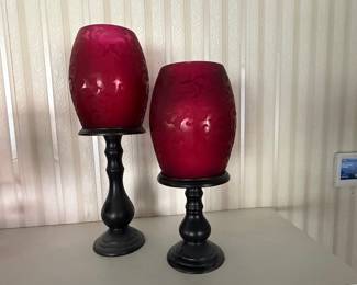 Red Etched Glass Hurricane Candle Holders with Black Pedestal Bases (Set of 2)