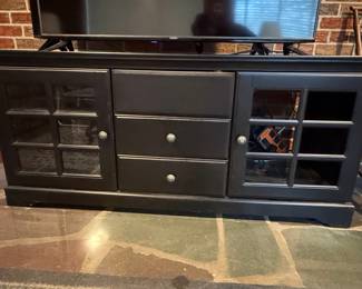 Black Mission Style Media Console with Glass Doors and Drawers