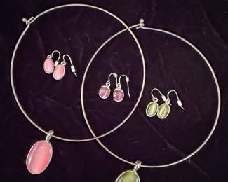 Choker Necklace and Matching Earrings Set with Cat's Eye Cabochons