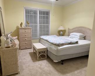 Wicker bedroom set - Headboard, Dresser w Mirror, 5 drawer chest, bench w/ cushion, & 2 nightstands.