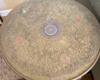 Vintage Indian Benares Brass Table with Embossed Floral and Geometric Design